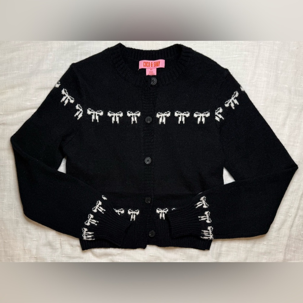 Coco & Shay Black Cardigan with White Bows
